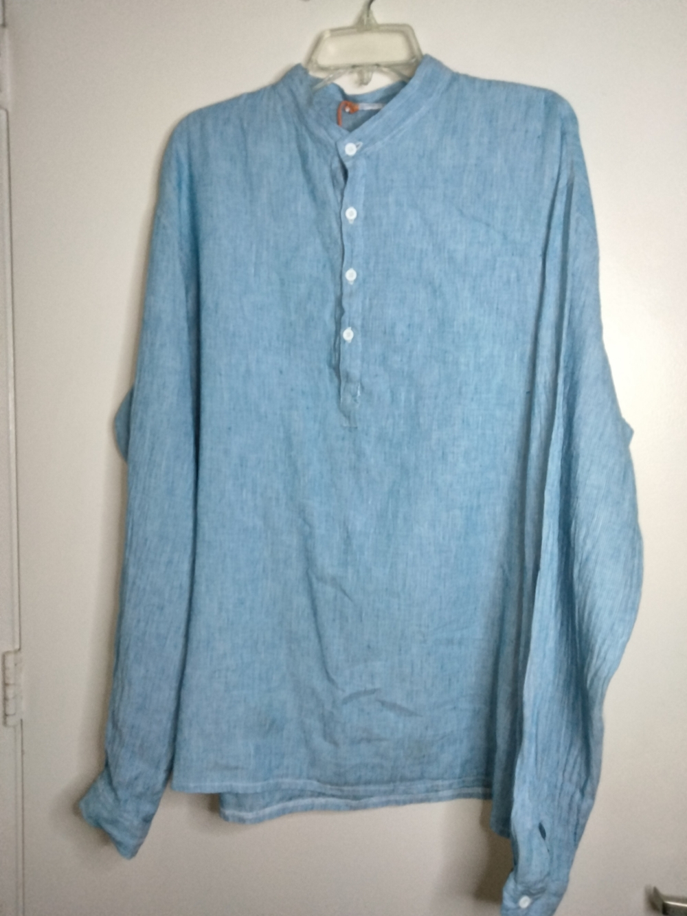 Moraitis Linen (Size XL) Men's Light Blue Linen Button Henley LS Popover Shirt